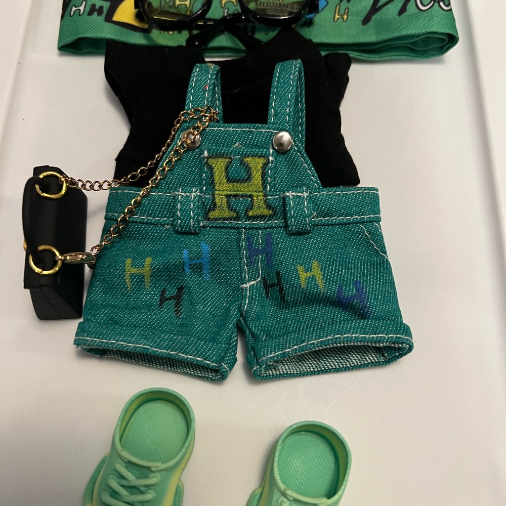 Labubu teal Hermes overall set.
